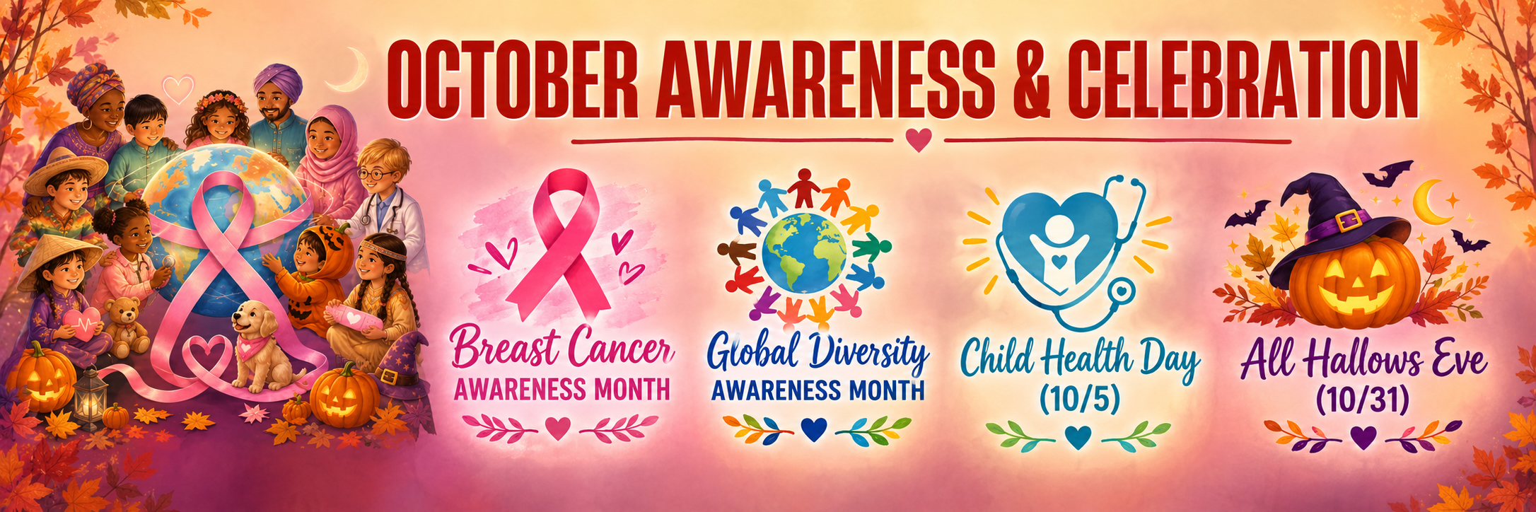 October Awareness & Celebration banner featuring diverse children and families, breast cancer awareness, global diversity, Child Health Day (10/5), and Halloween (10/31), with colorful autumn leaves and seasonal decorations