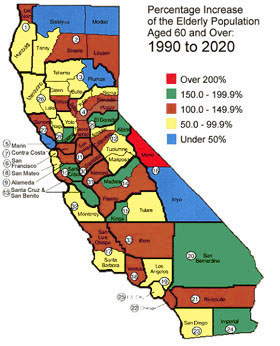 California map of those aged 60+ by county