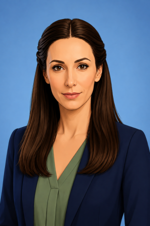 A woman with long, dark hair styled with a middle part and pulled back on the sides, wearing a dark blue blazer over a green V-neck top, against a solid blue background.
