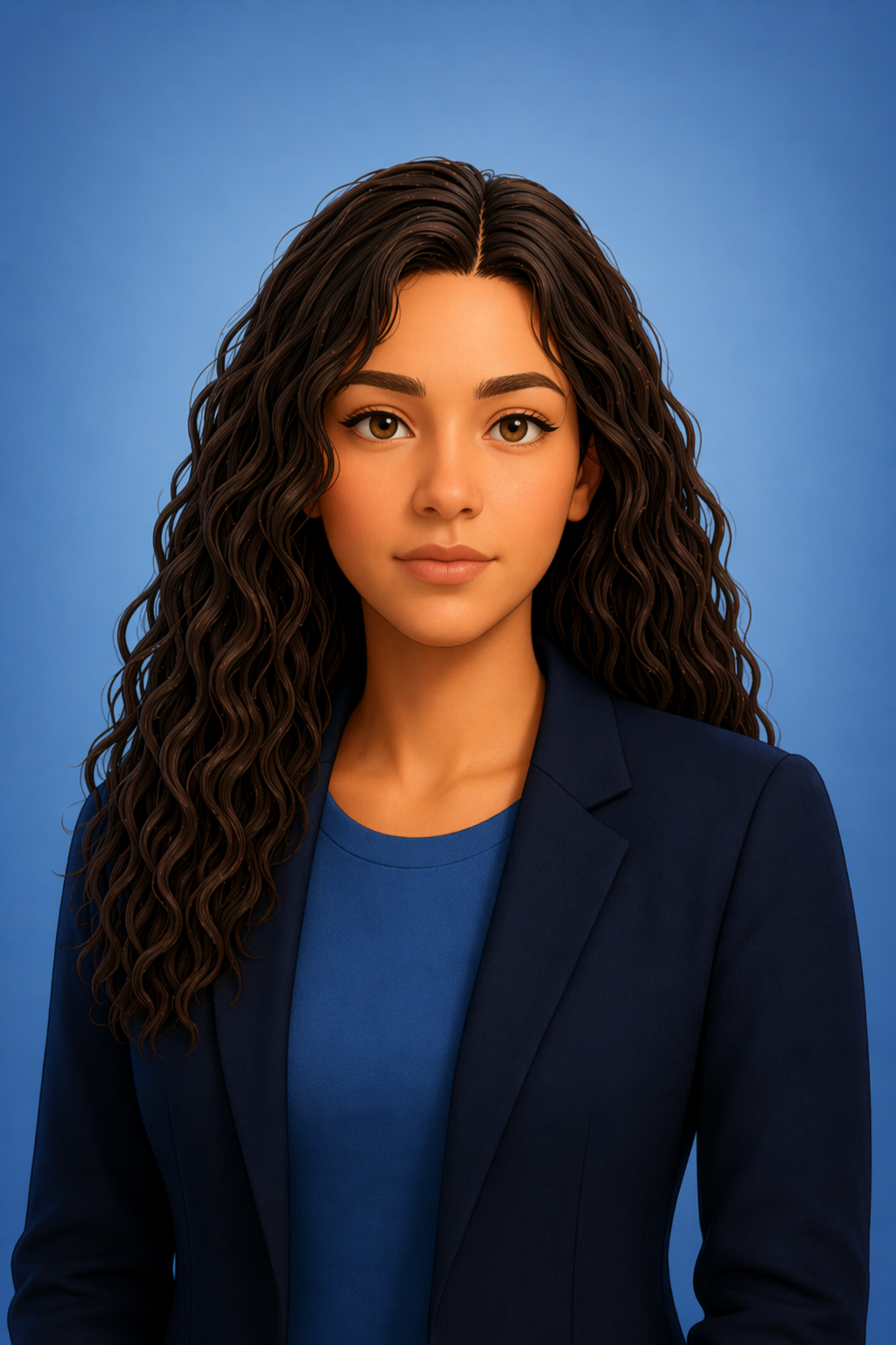 An AI generated portrait of a person with dark, curly hair wearing a dark blue blazer over a blue shirt against a bright blue background.