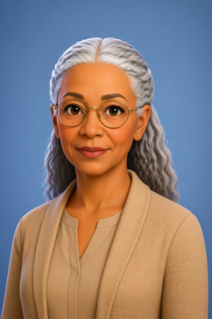 An AI generated portrait of a person with grey hair, wearing glasses and a tan cardigan over a beige top, against a blue background.