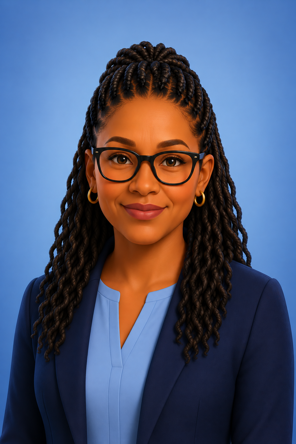 An AI generated portrait of a person wearing glasses and a dark blue blazer over a light blue collared shirt, with their hair in braids styled.