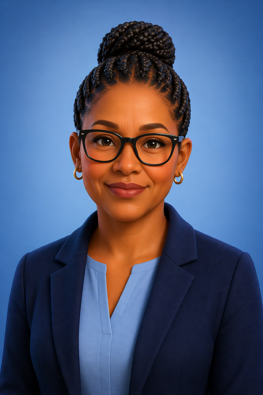 An AI generated portrait of a person wearing glasses and a dark blue blazer over a light blue collared shirt, with their hair in braids styled in a bun.