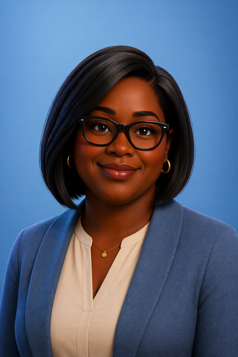 An AI generated portrait of a person wearing glasses and a blue blazer against a blue background.