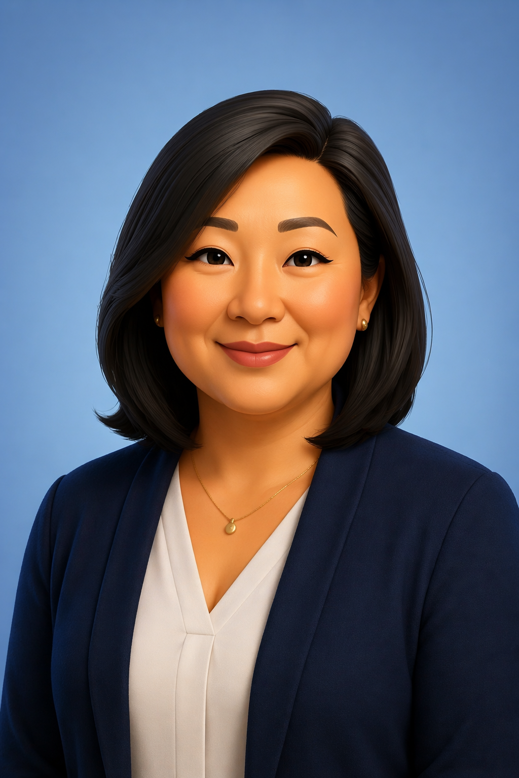A portrait of a person with short dark hair, wearing a white top and a dark blue blazer, against a light blue background.