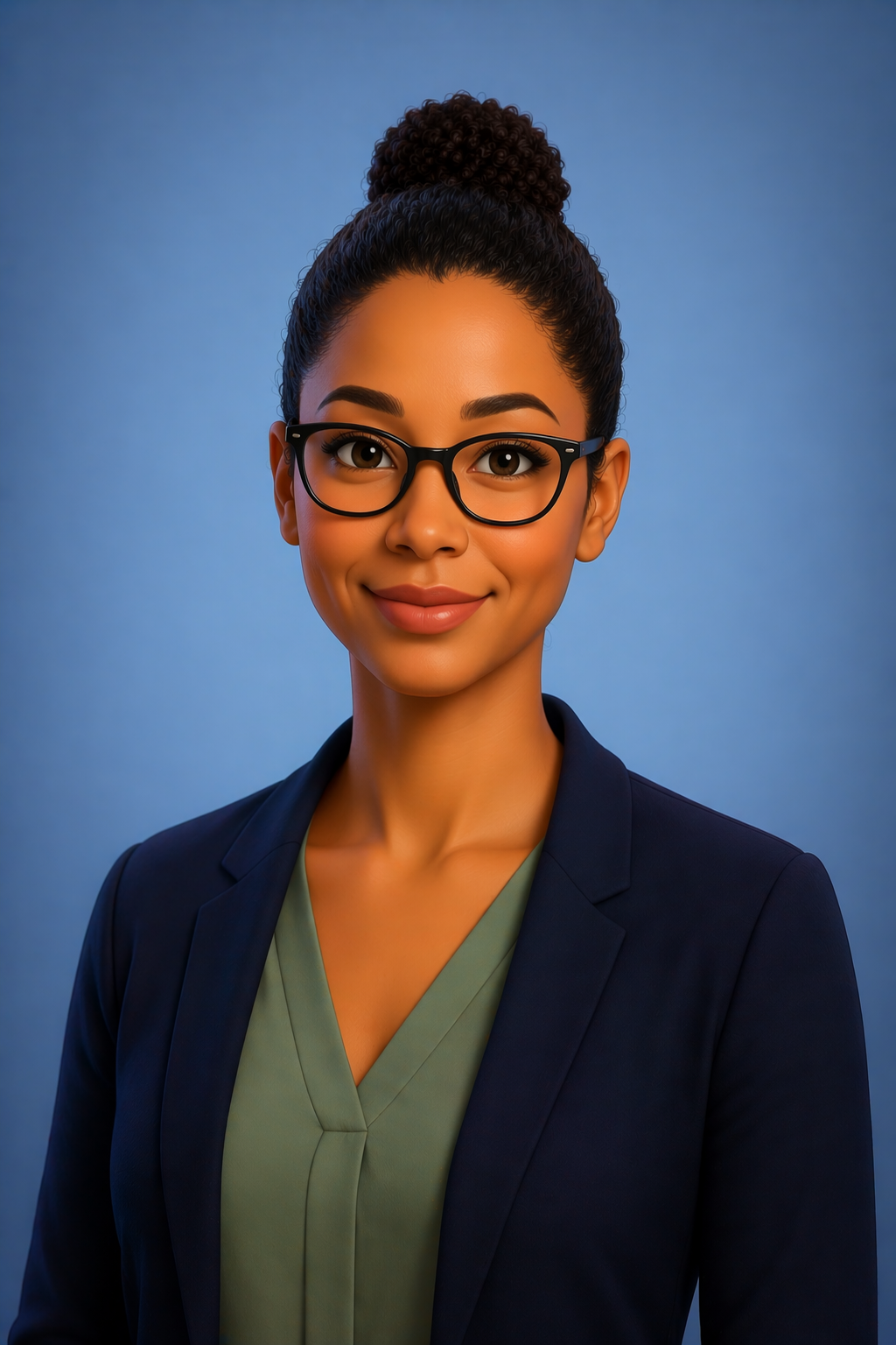 An AI generated portrait of a person wearing glasses and a dark blue blazer over a green shirt, with their hair styled in a bun.