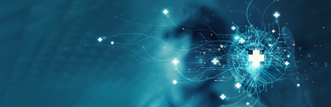 Abstract teal and blue digital background featuring medical and technology icons