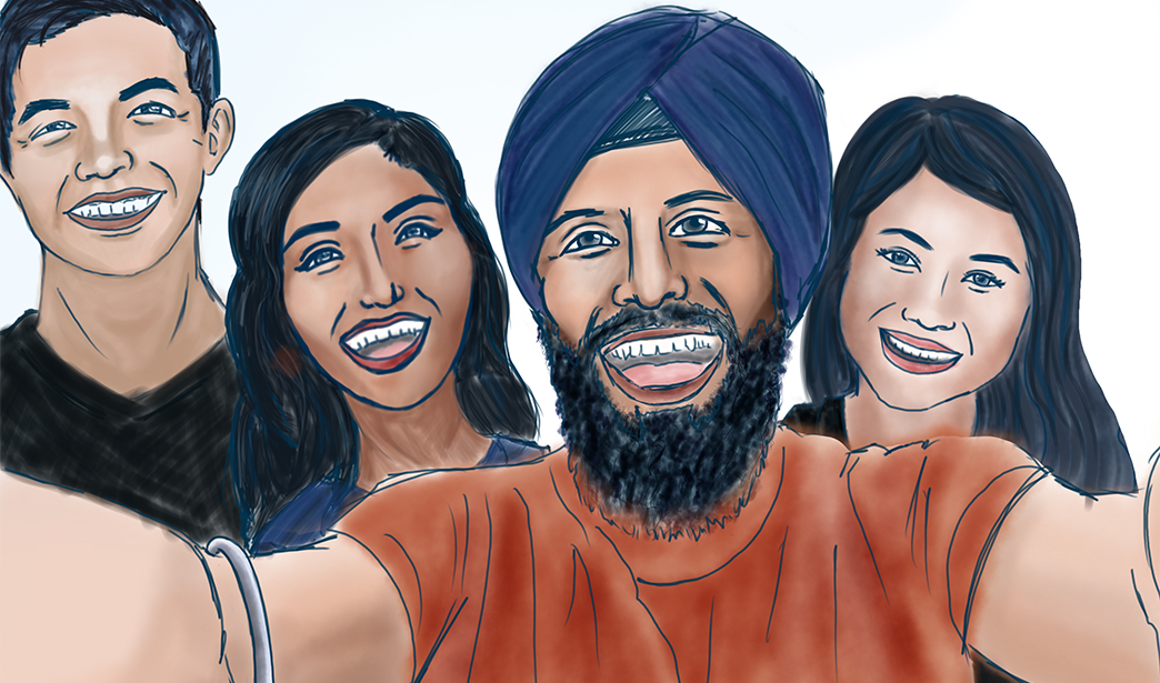 A digital art of four smiling people posing for a selfie. 