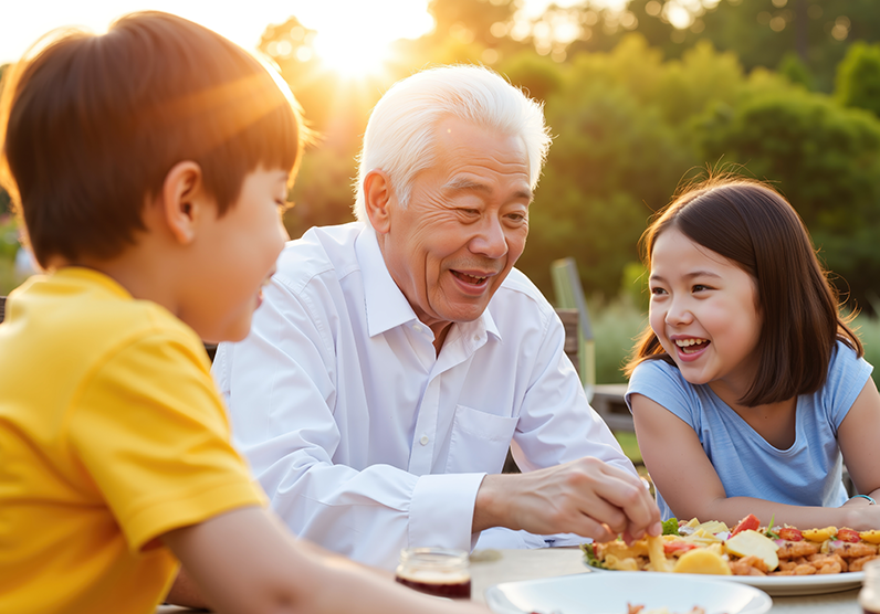 Two children are spending time with an elderly man, and everyone is smiling. 