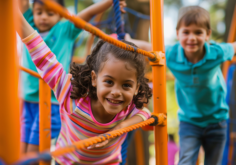 Three children play on a playground and pose for the camera. 