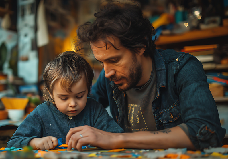 A daughter and her father are engaged with a puzzle.