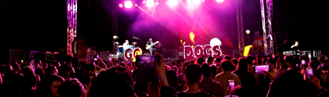 Concert with full crowd and purple uplights