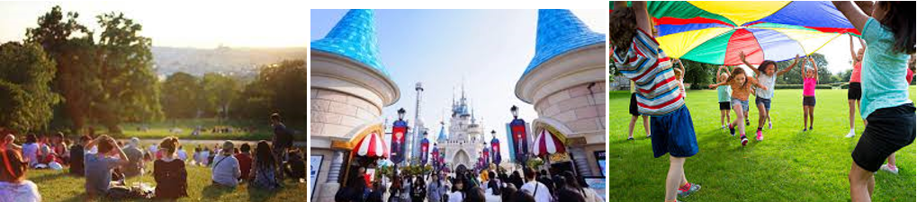 recreation scenes -people sitting on the grass in a park, a picture of Disneyland, children playing with a parachute on the grass