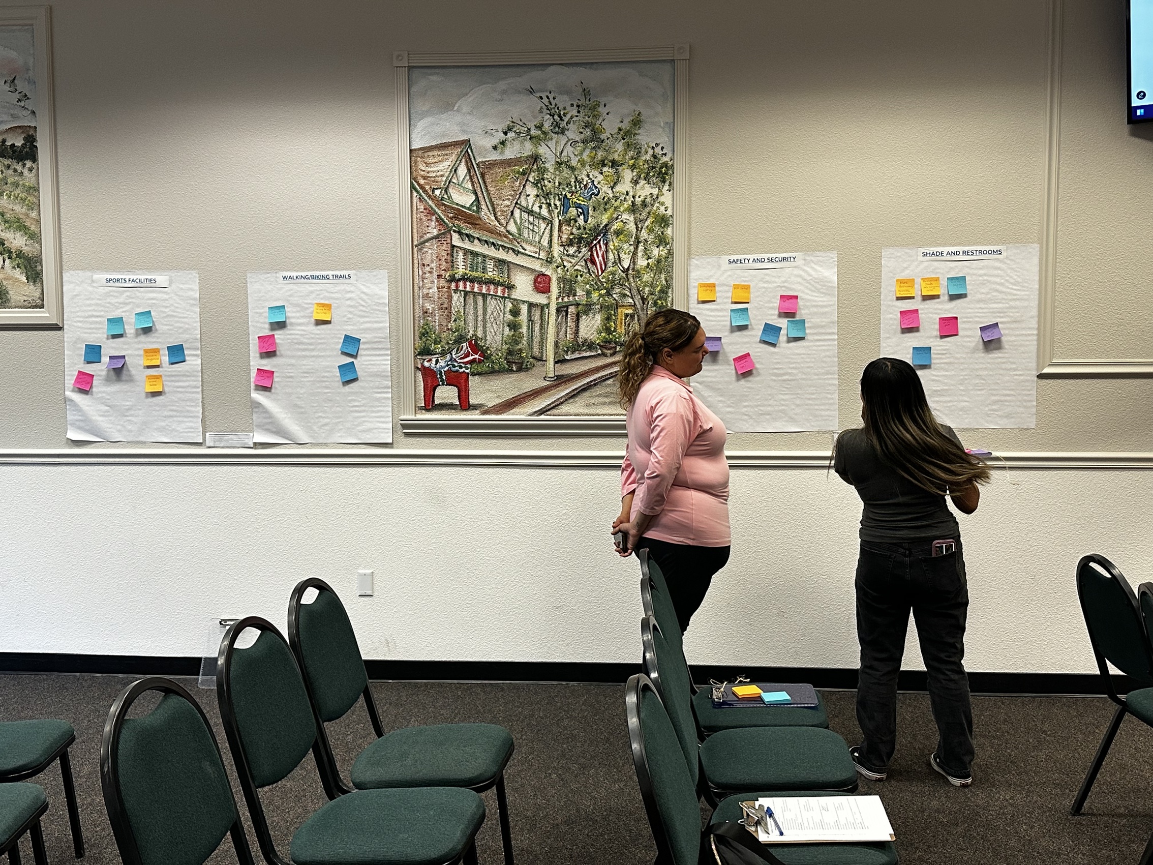 REC 77s students examining collection of ideas on concerns that were posted on the wall before the Kingsburg city council meeting.
