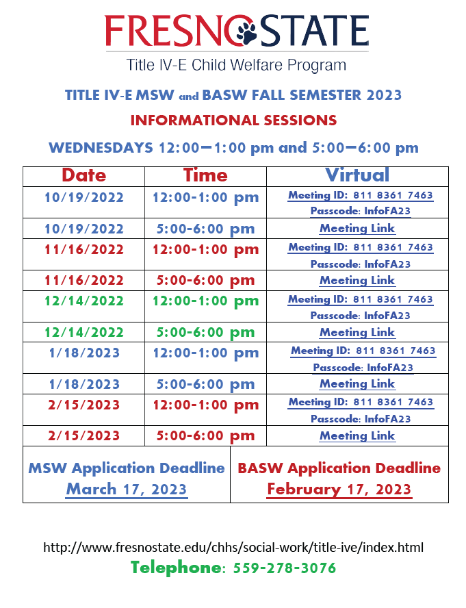 Flyer showing dates and times of Title IV-E MSW and BASW Informational Sessions